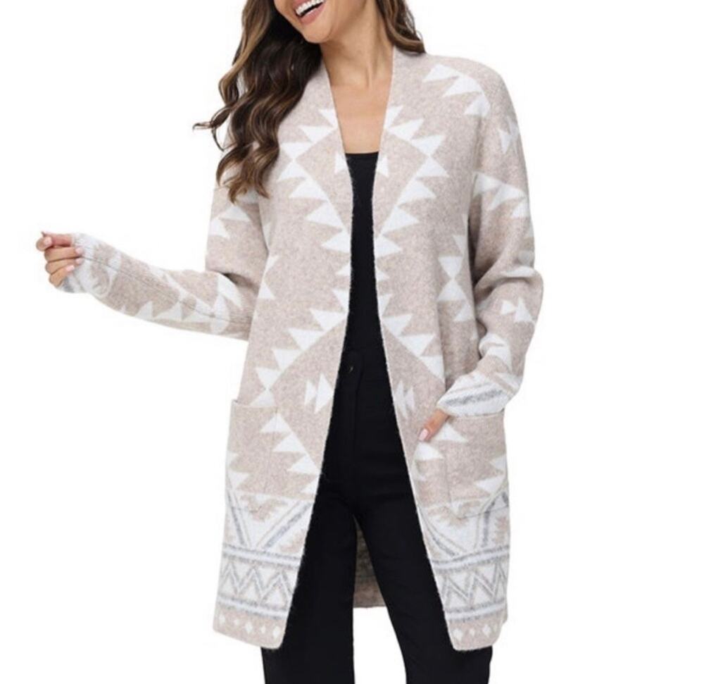 ✨2/$30✨ Frye Tan Aztec Open Front Duster Cardigan Sweater Small Western Boho